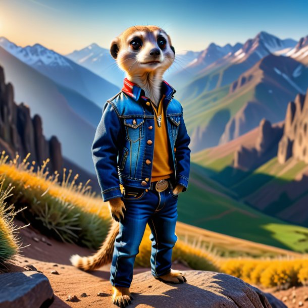 Pic of a meerkat in a jeans in the mountains