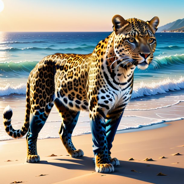 Illustration of a leopard in a jeans on the beach