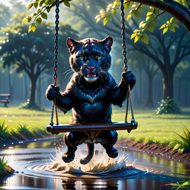 Picture of a swinging on a swing of a panther in the puddle