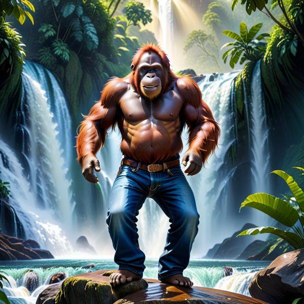 Pic of a orangutan in a jeans in the waterfall