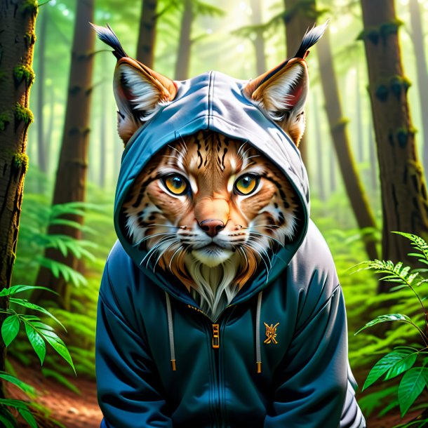 Image of a lynx in a hoodie in the forest