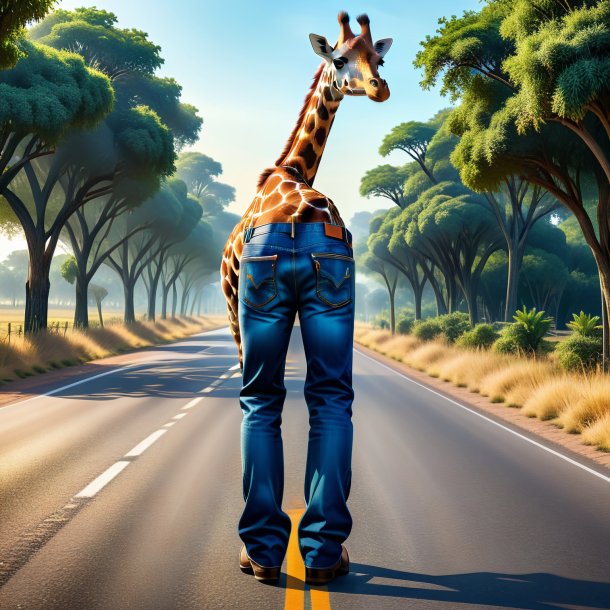 Illustration of a giraffe in a jeans on the road