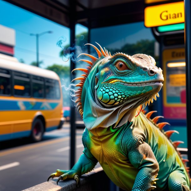 Foto de um fumo de uma iguana no ponto de ônibus