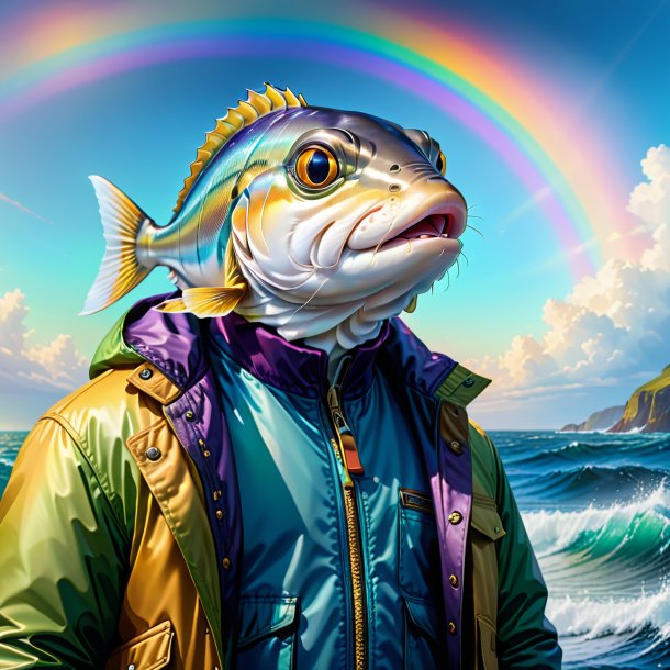 Illustration of a haddock in a jacket on the rainbow