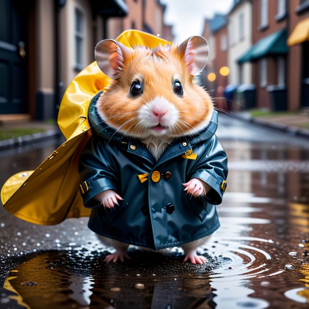 Image of a hamster in a coat in the puddle