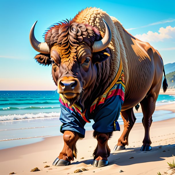 Drawing of a bison in a trousers on the beach