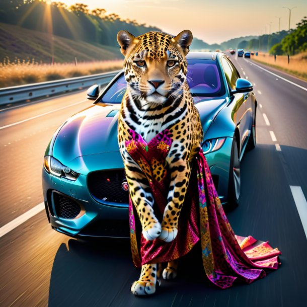 Foto de un jaguar en un vestido en la carretera