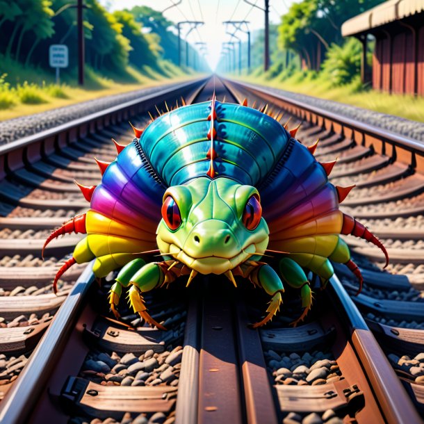 Illustration of a centipede in a belt on the railway tracks