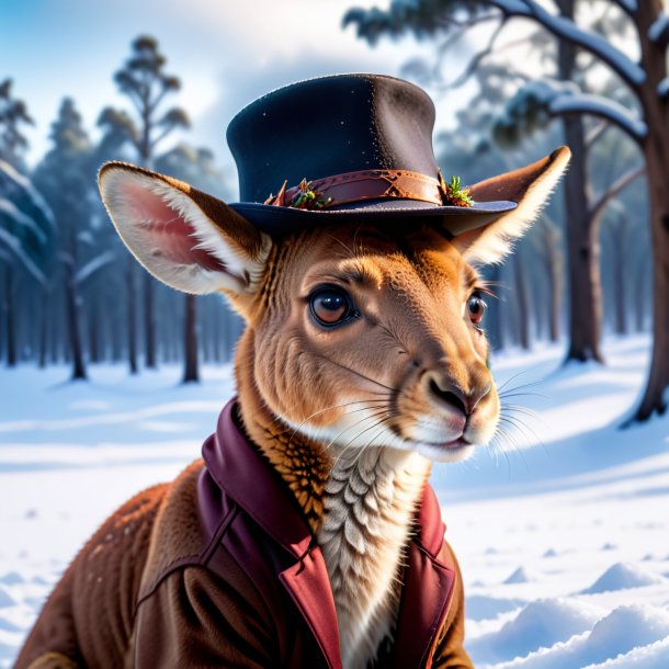 Picture of a kangaroo in a hat in the snow