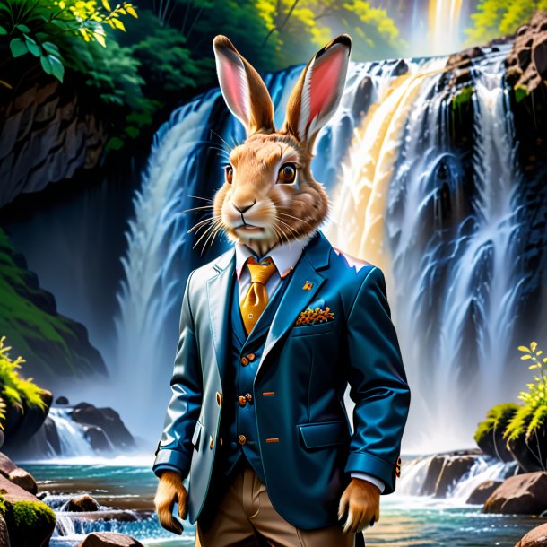 Photo of a hare in a jacket in the waterfall