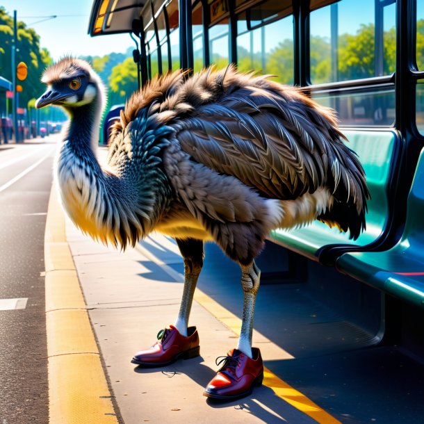 Foto de un emu en zapatos en la parada de autobús