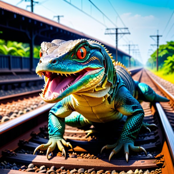 Pic d'une colère d'un lézard moniteur sur les voies ferrées