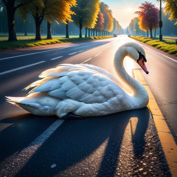 Image of a sleeping of a swan on the road