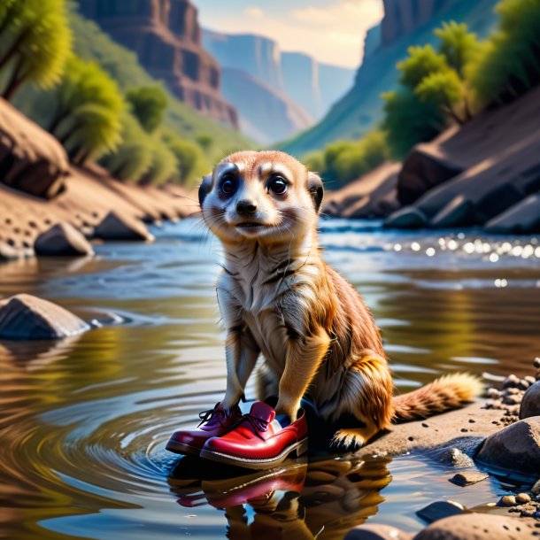 Photo of a meerkat in a shoes in the river