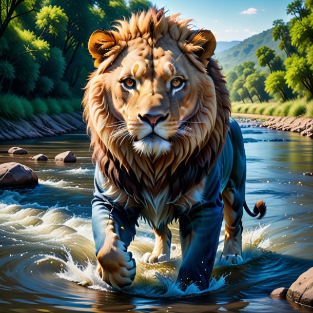 Foto de un león en un jeans en el río