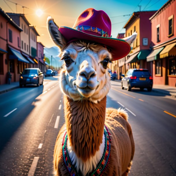 Foto de una llama en un sombrero en el camino