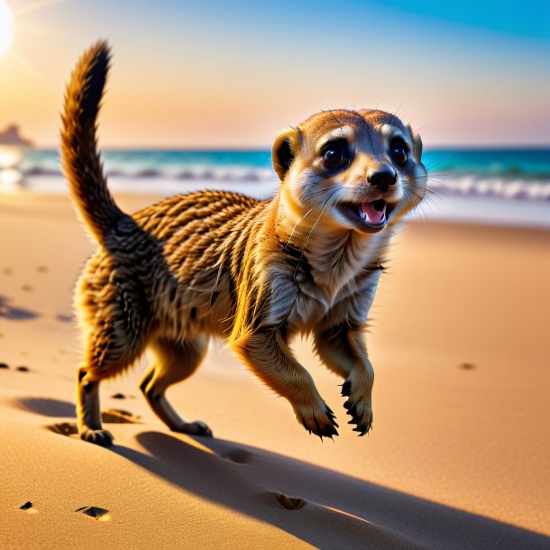 Foto de un salto de un suricato en la playa