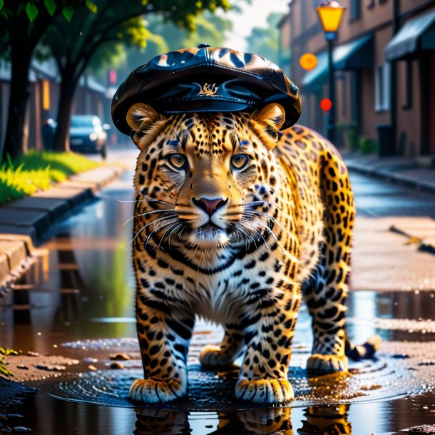 Photo of a leopard in a cap in the puddle