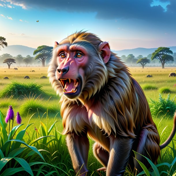 Image of a crying of a baboon in the meadow