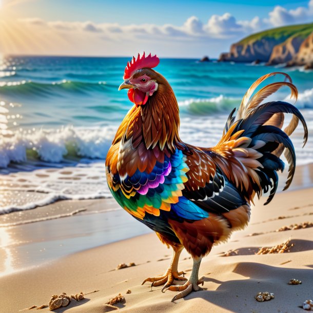 Foto de una gallina en un vestido en la playa