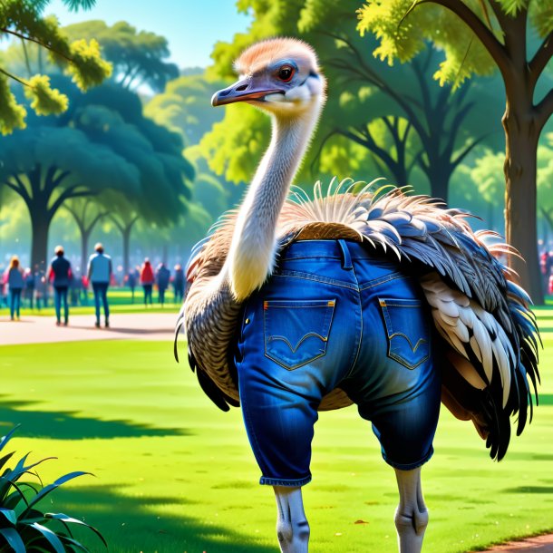 Drawing of a ostrich in a jeans in the park