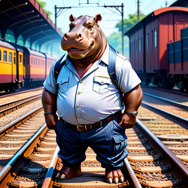 Drawing of a hippopotamus in a trousers on the railway tracks