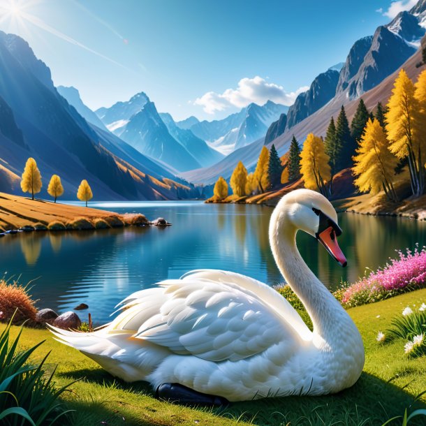 Image of a resting of a swan in the mountains