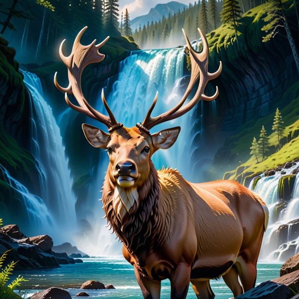 Image of a elk in a hat in the waterfall