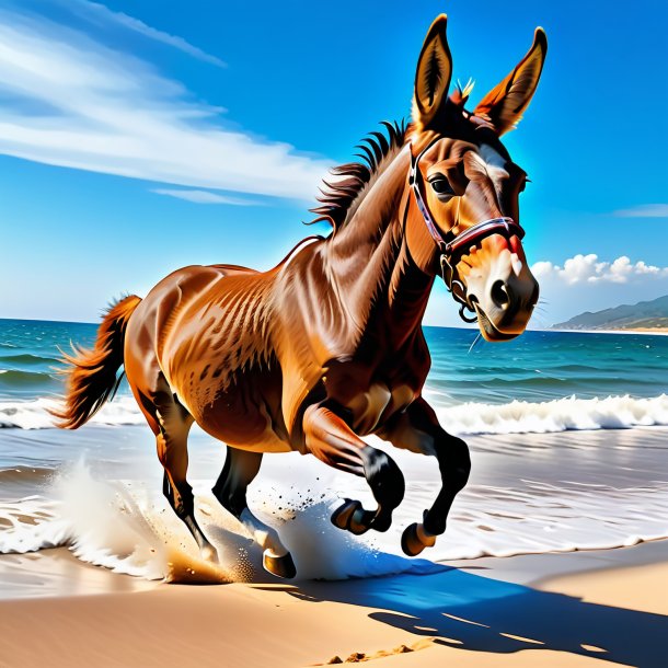 Image of a jumping of a mule on the beach