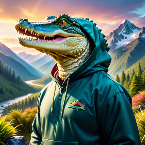 Image of a crocodile in a hoodie in the mountains