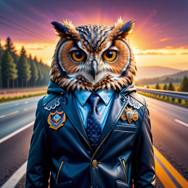 Picture of a owl in a jacket on the highway