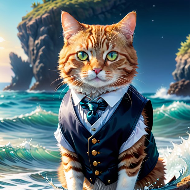 Illustration of a cat in a vest in the sea