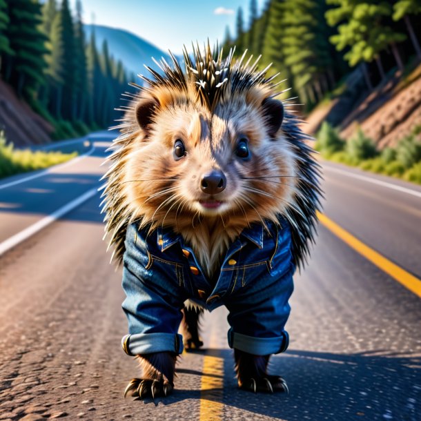 Photo d'un porc-épic dans un jean sur la route