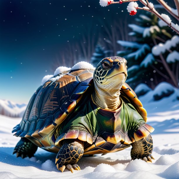 Foto de una tortuga en un vestido en la nieve