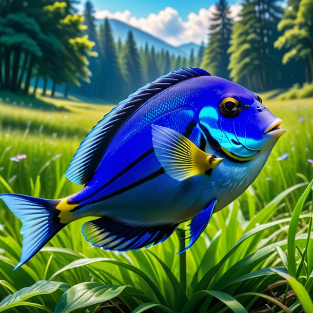 Image of a blue tang in a jacket in the meadow