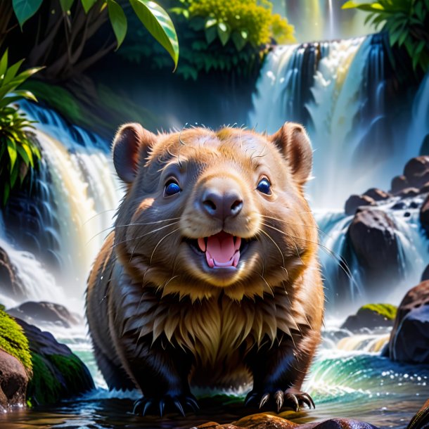 Photo of a smiling of a wombat in the waterfall