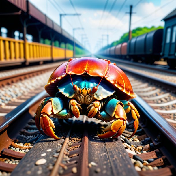 Image of a threatening of a hermit crab on the railway tracks