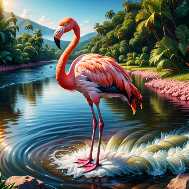 Drawing of a flamingo in a jeans in the river