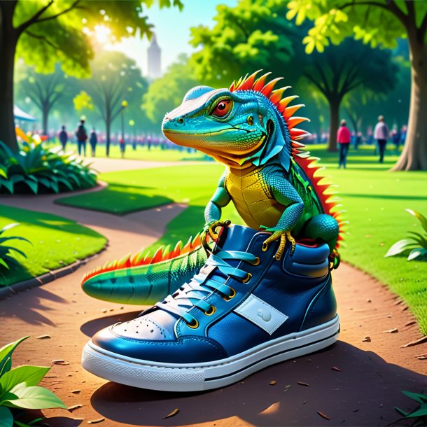 Dessin d'un lézard dans une chaussure dans le parc