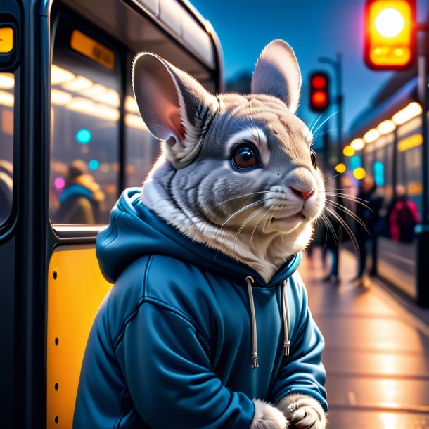 Foto de una chinchillas en una sudadera con capucha en la parada de autobús