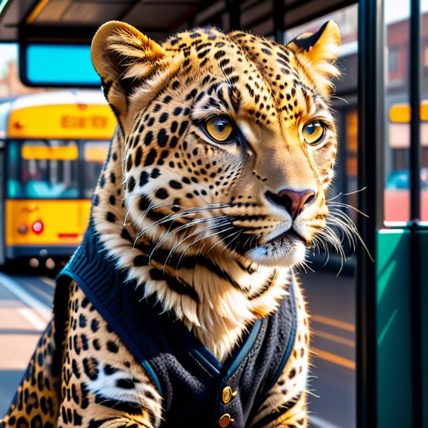 Photo of a leopard in a vest on the bus stop