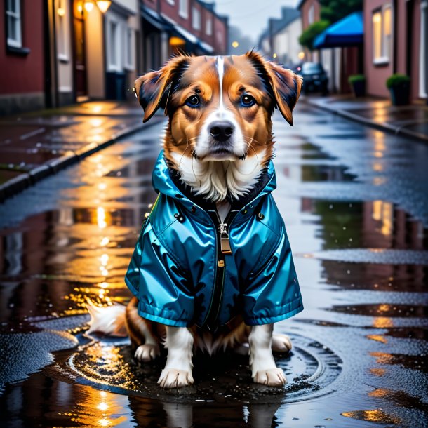 Image of a dog in a jacket in the puddle