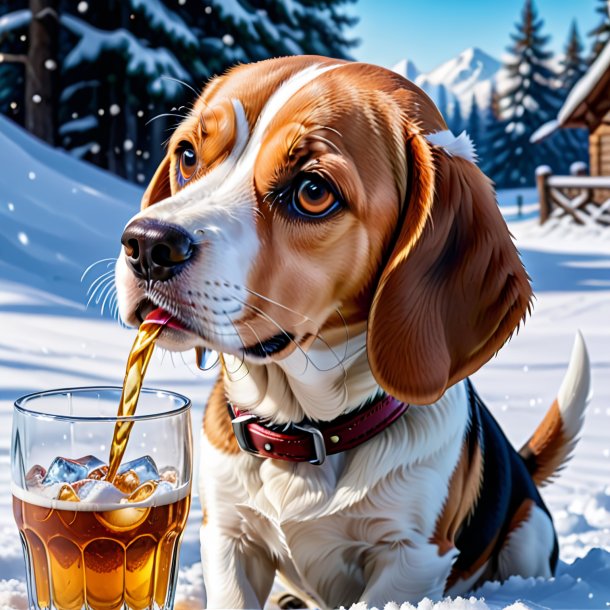 Photo of a drinking of a beagle in the snow