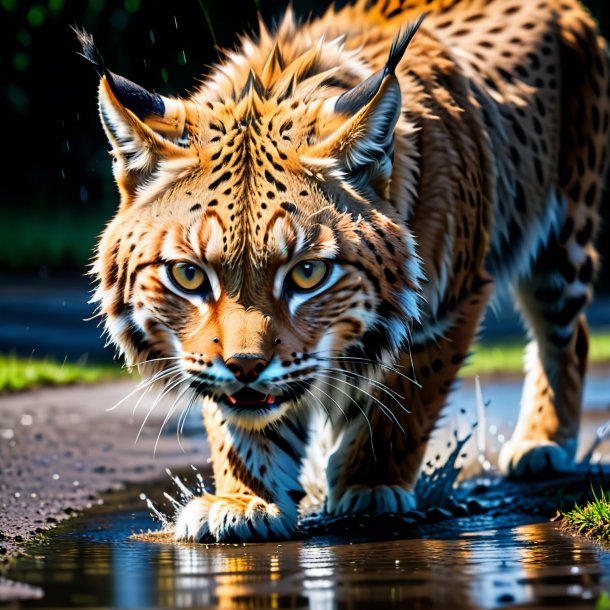 Image of a angry of a lynx in the puddle