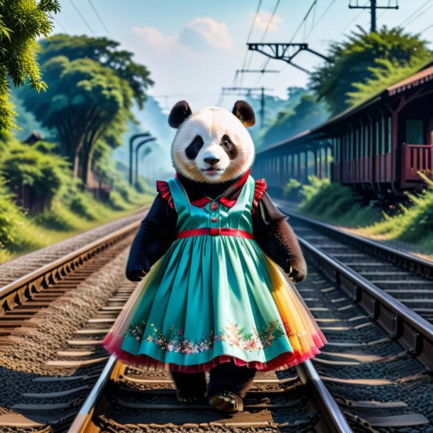 Image d'un panda géant dans une robe sur les voies ferrées