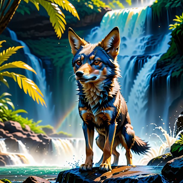 Image of a playing of a jackal in the waterfall