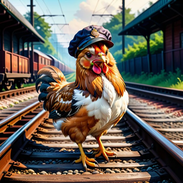 Illustration of a hen in a cap on the railway tracks