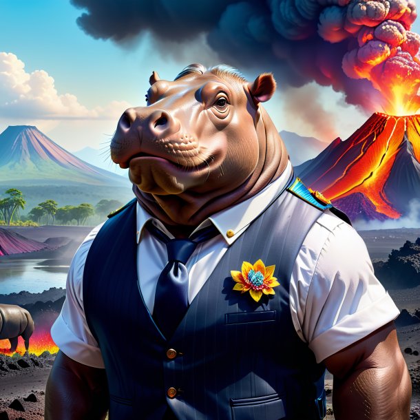 Illustration of a hippopotamus in a vest in the volcano