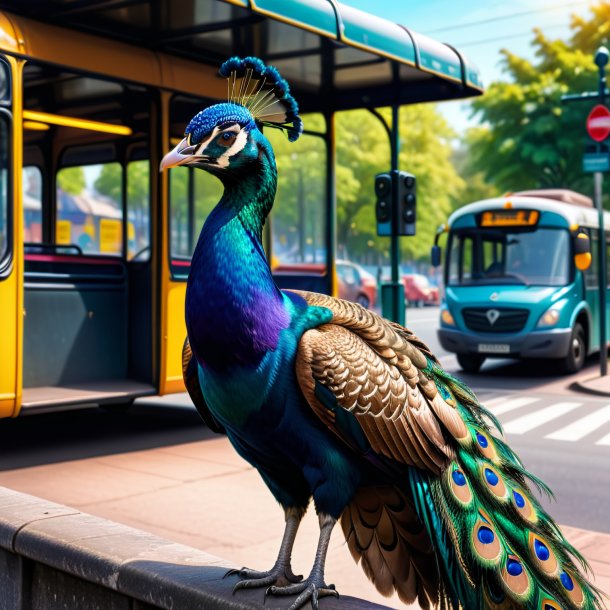 Image of a peacock in a cap on the bus stop