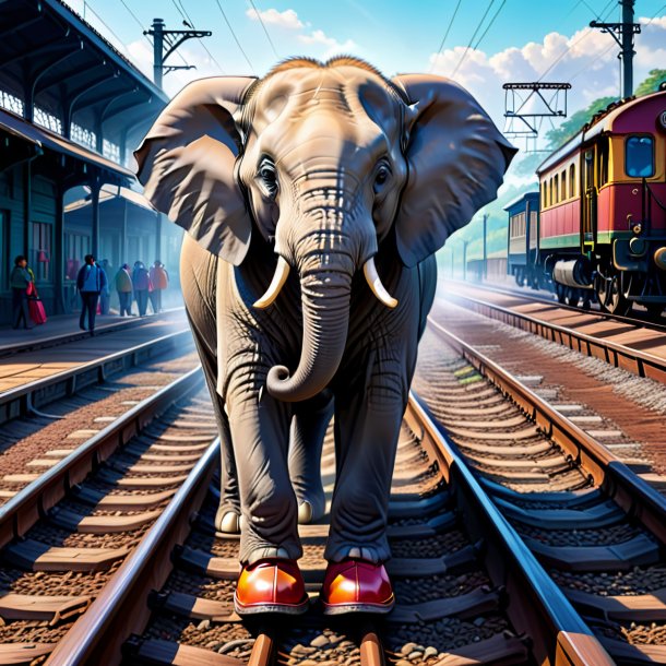 Dibujo de un elefante en los zapatos en las vías del tren